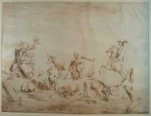 strip-of-land-near-water-with-dog-two-goats-and-two-pigs