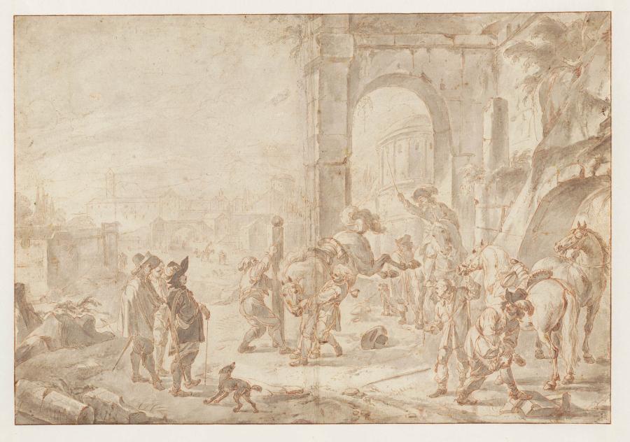 Horses Being Tended near a Ruin