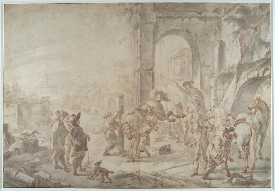 Horses Being Tended near a Ruin