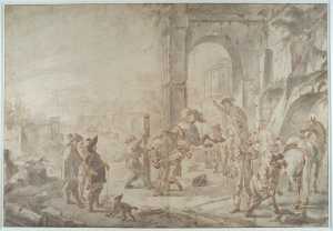 horses-being-tended-near-a-ruin