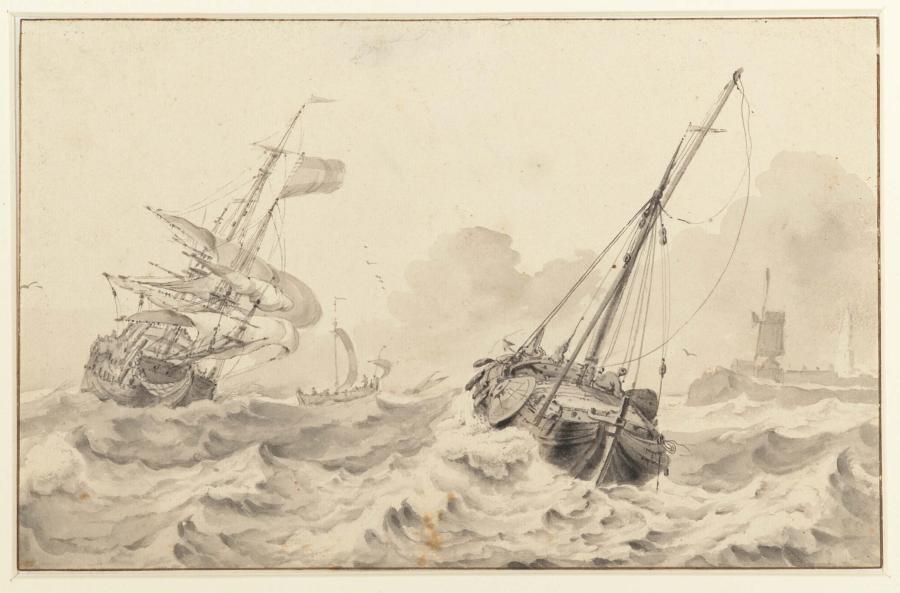Schepen aan de kust bij stormachtig weer