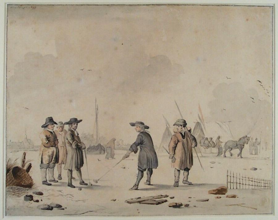 Mannen die golf spelen op een bevroren kanaal