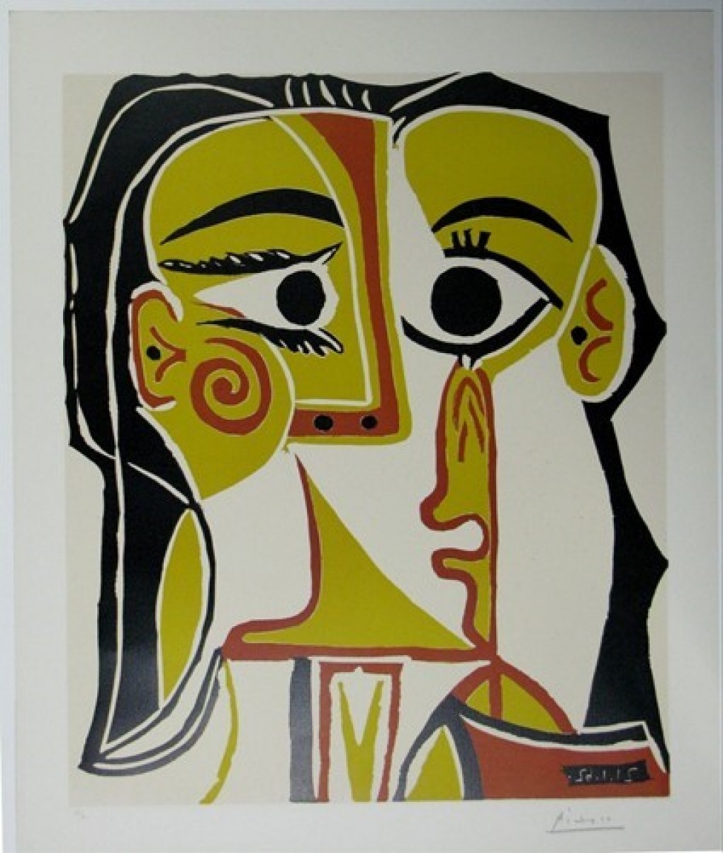 Pablo Picasso, Gestileerd portret van Jacqueline, 1962, kleurenlinoleumsnede, aankoop Stichting Museum Boijmans Van Beuningen met behulp van Stichting Lucas van Leyden in 1962.