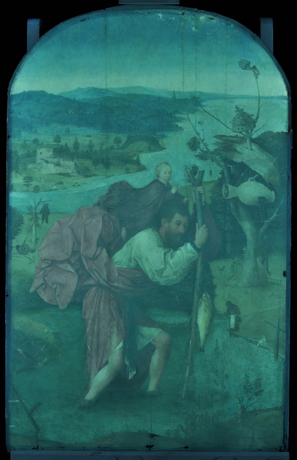 UV photo of varnish: Hieronymus Bosch, Saint Christopher, 1490-1505, oil on panel, loan: Stichting Museum Boijmans Van Beuningen 1940