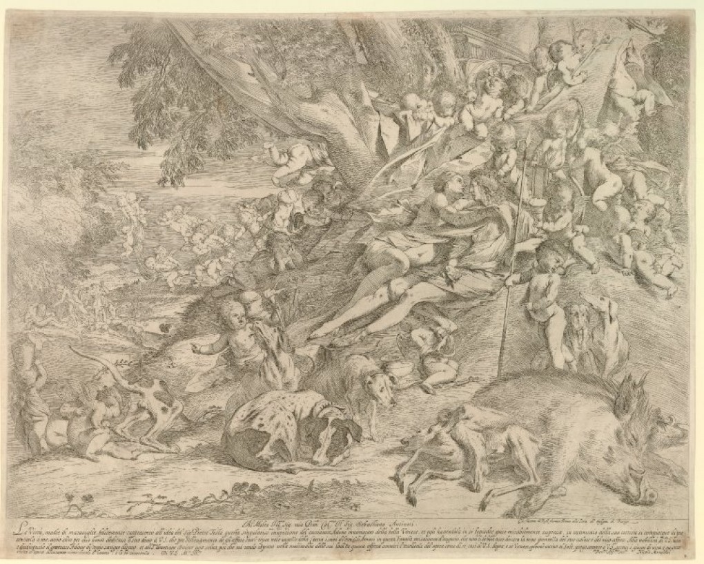 © Trustees of the British Museum. Pietro Testa, Venus and Adonis, 1630-1640, Etching, 36,3 x 45,6 cm. London, British Museum. (https://creativecommons.org/licenses/by-sa/4.0/)