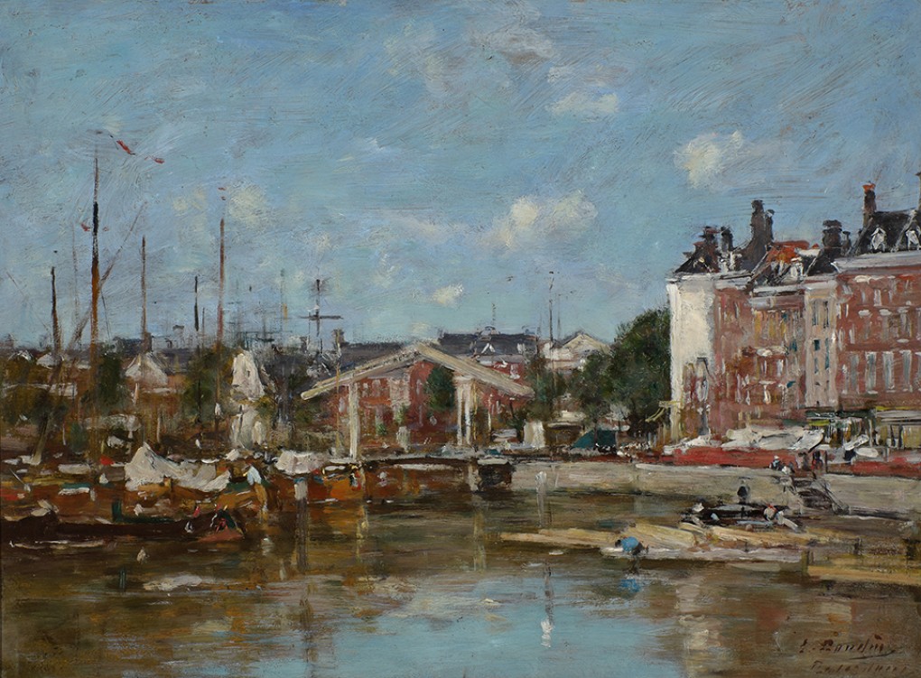 Eugène Boudin, Gezicht op de Leuvehaven te Rotterdam, 1876-1880, olieverf op paneel, donatie van P. van de Velde in 1911.
