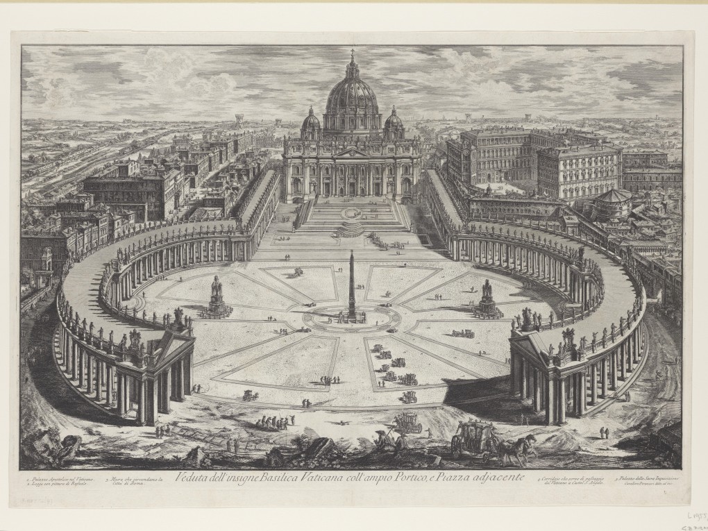 Giovanni Battista Piranesi, 'Veduta dell'insigne Basilica Vaticana coll'ampio Portico, e Piazza adjacenta (View of the Distinguished Vatican Basilica with the Wide Portico, and Adjacent Square)', 1775, L 1955/78 (PK). Collection Museum Boijmans Van Beuningen, Rotterdam. Purchase with support of: Stichting Lucas van Leyden 1955. Creditline photographer: Rik Klein Gotink