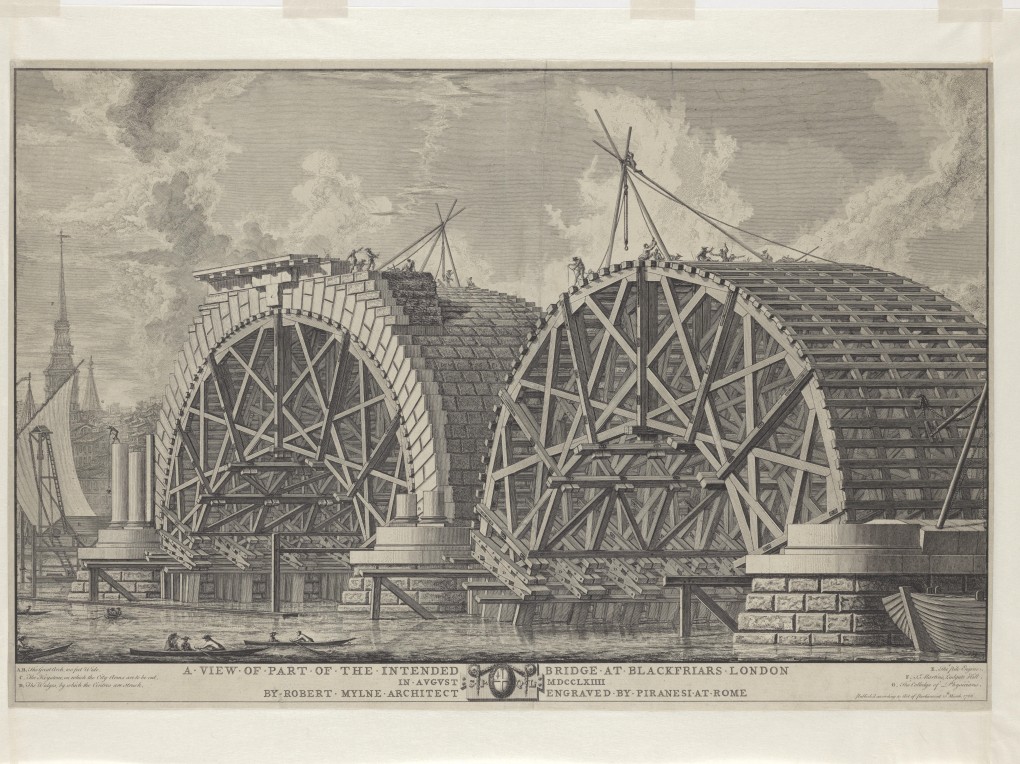 Giovanni Battista Piranesi, 'Building Blackfriars Bridge, London', 1766, L 1963/25 (PK). Collection Museum Boijmans Van Beuningen, Rotterdam. Purchase with support of: Stichting Lucas van Leyden 1963. Creditline photographer: Rik Klein Gotink