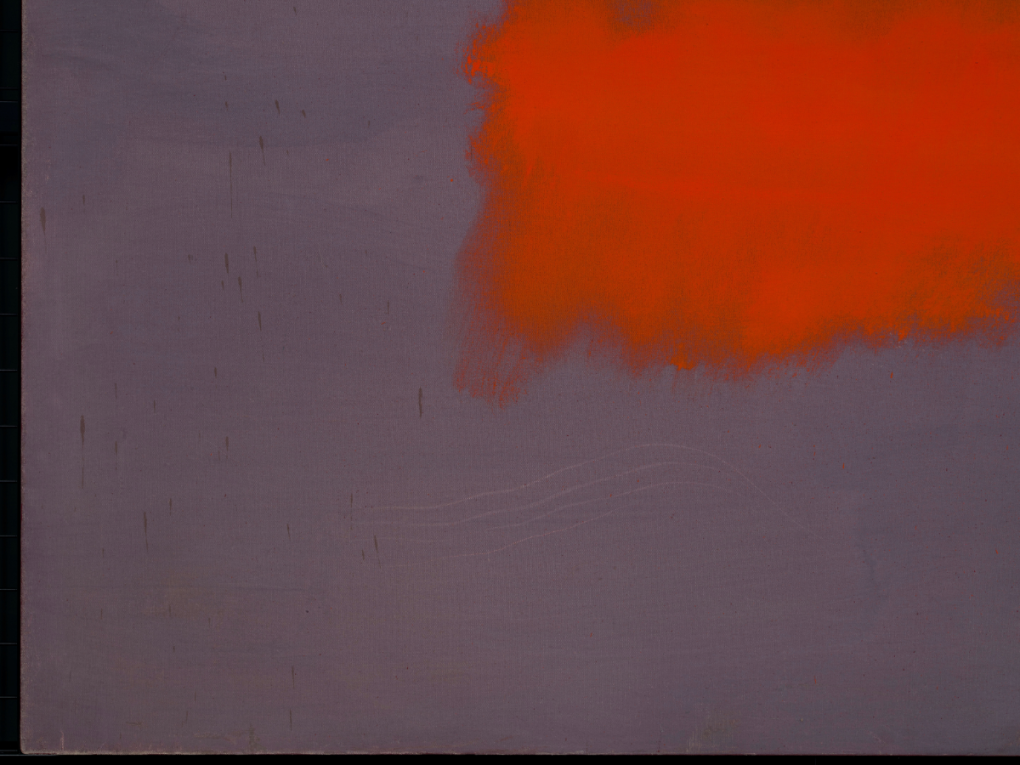 Mark Rothko, Grey, Orange on Maroon, No. 8 (1960). Detail schade vóór restauratie