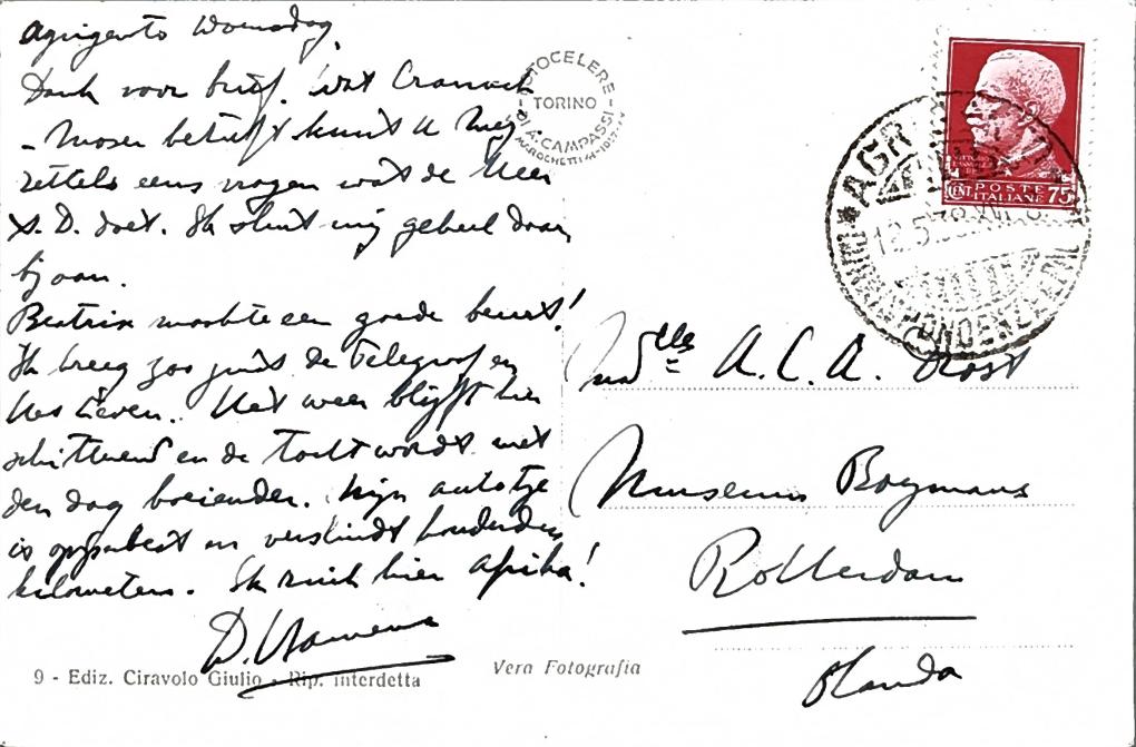 Afb. 11. Brief van Dirk Hannema aan Tinta Drost, 1938, Stadsarchief Rotterdam, toegang 181, inv. 335. Transcriptie:  ‘Agrigento Woensdag  Dank voor brief. Wat Cranach - [...] betreft kunt u mej. Zettels eens vragen wat de heer A.D. doet. Ik sluit mij geheel daarbij aan. Beatrix maakte een goede beurt! Ik kreeg zoo juist de Telegraaf en Het Leven. Het weer blijft hier schitterend en de tocht wordt met den dag boeiender. Mijn autotje is opperbest en verslindt honderden kilometers. Ik ruik hier Afrika! D. Hannema’