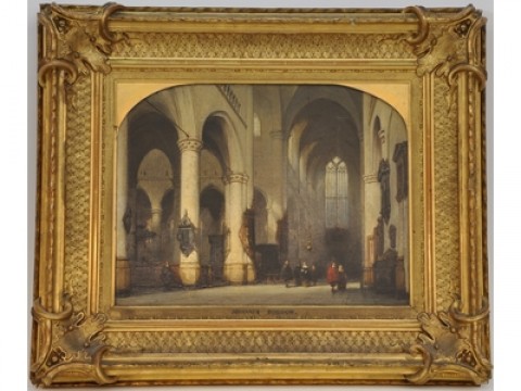 Johannes Bosboom, 'The Church of St Peter' in Leiden, 1855, purchased 1865, in a possibly later frame in an eclectic style.