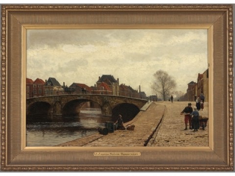 Julius Jacobus van de Sande Bakhuyzen, 'Spui in The Hague', 1873, donated by the Vereniging van Voorstanders der Kunst 1882, in a gilded fluted frame.