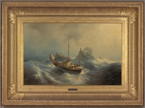 Louis Meijer, 'Seascape', 1846, from the estate of D. Seldenthuis 1943, in a gilded neo-classical fluted frame with acanthus leaves, made by the firm of D. Sala & Zonen, Leiden.