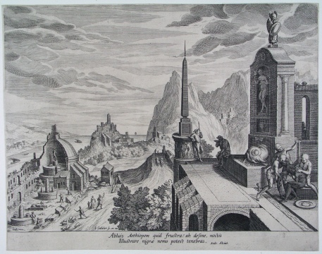 Cleve (III), Hendrick van, Antwerpen circa 1525 - Antwerpen 1590/1591, Landschap met het embleem over het wassen van een Moor, 1500 - 1600