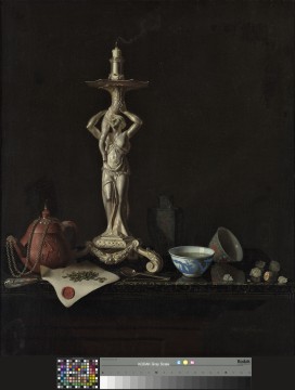 Roestraeten, Pieter van, Haarlem 1630 - Londen 1700, schilderij, Stilleven met zilveren kandelaar, circa 1696