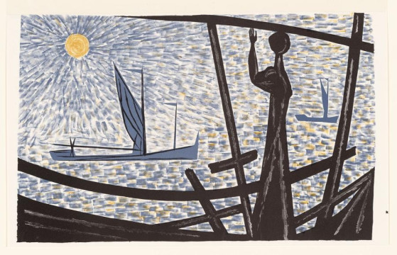 Wally Elenbaas, Female Figure in front of a background with Ships, before 1958, collection Museum Boijmans Van Beuningen, Rotterdam. Photo: Studio Tromp.