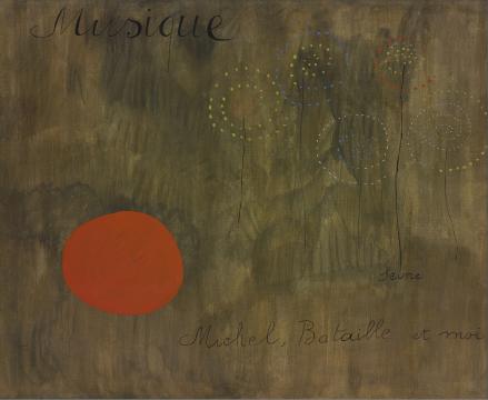 Joan Miró, Peinture-poème (Musique, Seine, Michel, Bataille et moi) (1927).  | Collection Museum Boijmans Van Beuningen, Rotterdam. Aankoop met steun van Vereniging Rembrandt (mede dankzij haar Nationaal Fonds Kunstbezit, haar Dura Kunstfonds, haar Innorosa Fonds, haar Themafonds Moderne Kunst en de jaarlijkse bijdrage van het Cultuurfonds), Museaal Aankoopfonds, Mondriaan Fonds, Stichting Museum Boijmans Van Beuningen, VriendenLoterij, Stichting Bevordering van Volkskracht, G.Ph. Verhagen-Stichting, Kring van Eyck, Boijmans Business Club en Boijmans Corporate Members, Stichting Elise Mathilde Fonds, Erasmusstichting en diverse particulieren / Fotografie: Studio Tromp   © Successió Miró, c/o Pictoright Amsterdam, 2025