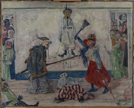 Fig. 9 James Ensor, ‘Skeletons Fighting over the Body of a Hanged Man’, 1891, oil on canvas, 59 x 74 cm, KMSKA - Royal Museum of Fine Arts Antwerp. The work was presented by Barr at the 1936 MoMA exhibition, then by Langui in Ostend in 1952, and by Martin-Méry in Bordeaux in 1957.