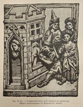 Fig. 6 ‘The Administration of an Enema in the Middle of a Street’, fifteenth century, Musée Archéologique, Bruges, illustrated in: Louis Maeterlinck, ‘Le genre satirique, fantastique et licencieux dans la sculpture flamande et wallonne : les miséricordes de stalles (art et folklore)’, Paris 1910, fig. 70 bis, p. 112, photo Lotte Kremer