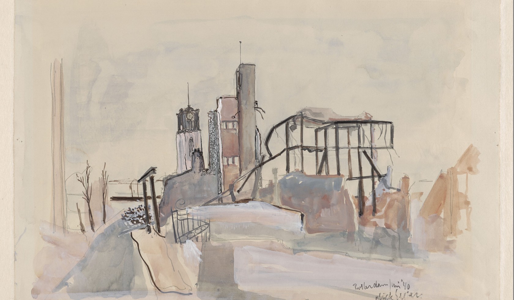 In de header en hierboven: Dick Elffers, "Ruïne van Café Rondeel in de Hoogstraat" en "Ruïne van de Laurenskerk" Fotograaf: Studio Tromp