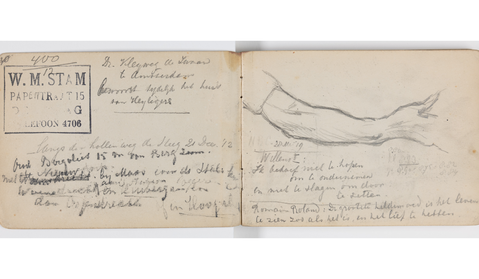 Afb. 29. Jacoba de Graaff, ‘Tekening van een arm met diverse notities’, 1919, potlood op papier, 111 x 308 mm, Museum Boijmans Van Beuningen, Rotterdam
