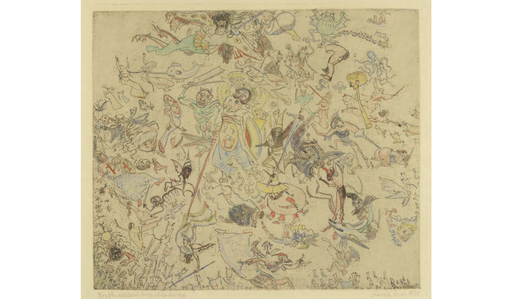 Fig. 15 James Ensor, ‘Devils Thrashing Angels and Archangels’, 1888, heightened with watercolour, etching on Dutch paper, 250 x 293 mm, Mu.ZEE, Ostend, photo Cedric Verhelst