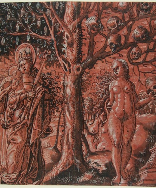 Anoniem Zuid-Duits, Eva en Maria onder de boom der kennis van goed en kwaad, eind 16de eeuw, tekening met pen in zwarte inkt, collectie Museum Boijmans Van Beuningen (voormaligr Collectie Koenigs).