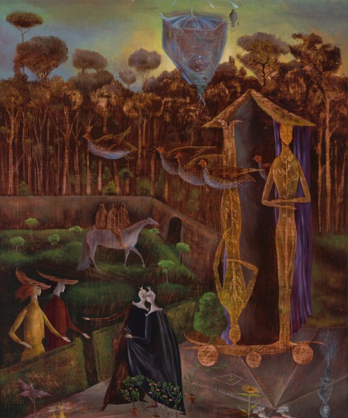 Leonora Carrington, Again, the Gemini Are in the Orchard, in 1947, collection Museum Boijmans Van Beuningen, Rotterdam. Purchase with support of Mondriaan Fonds, Vereniging Rembrandt (thanks to their Desirée Lambers Fonds and their Dura Kunstfonds), VriendenLoterij, Stichting Fonds Willem van Rede, Stichting Museum Boijmans Van Beuningen, Prins Bernhard Cultuurfonds (thanks to the Breeman Talle Fonds) 2019