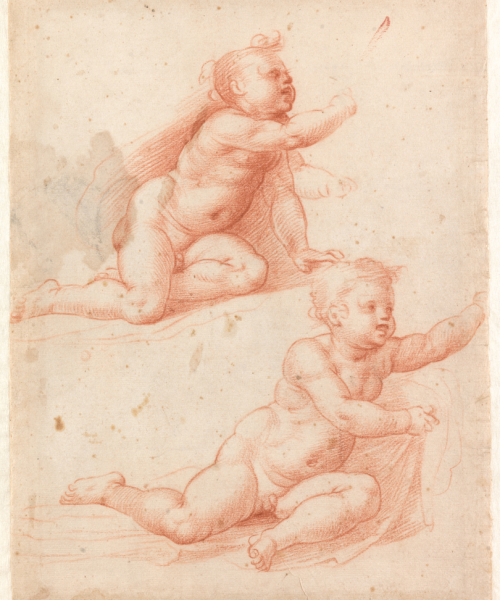 Fra Bartolommeo (Bartolomeo-Domenico di Paolo del Fattorino, Baccio della Porta). Twee studies voor engelen, gerelateerd aan die in het middenpaneel van het 'Billi altaarstuk' (Florence, Galleria Palatina). Circa 1514-1516. Collectie Museum Boijmans Van Beuningen, Rotterdam. Bruikleen Stichting Museum Boijmans Van Beuningen (voormalige collectie Koenigs).