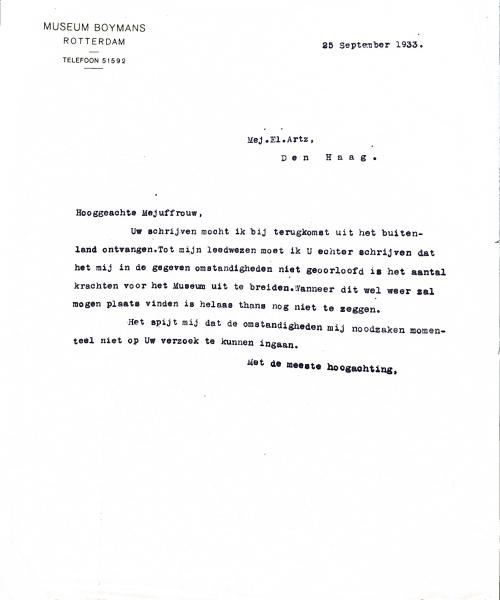 Afb. 4. Brief van Hannema aan Elisabeth Artz. Archieven van Museum Boijmans Van Beuningen (Boymans) te Rotterdam, toegang 181, inv. 316, Stadsarchief Rotterdam