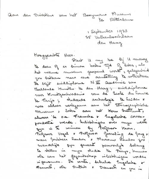 Afb.3. Brief van Elisabeth Artz aan Hannema. Archieven van Museum Boijmans Van Beuningen (Boymans) te Rotterdam, toegang 181, inv. 316, Stadsarchief Rotterdam (voorzijde)