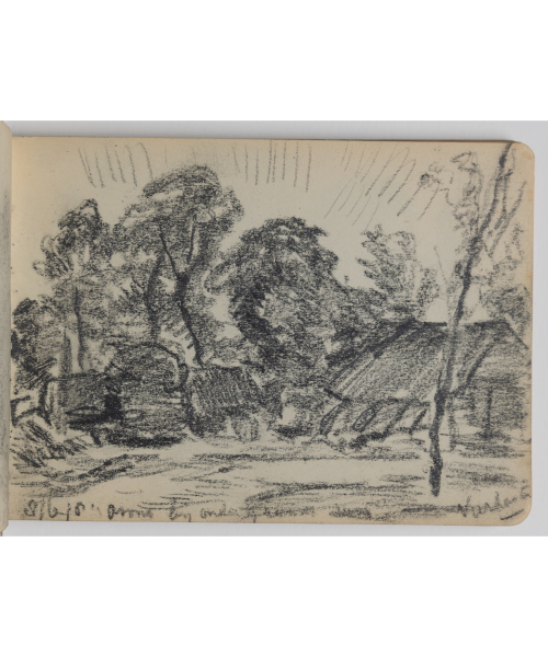 Afb. 10. Jacoba de Graaff, ‘Schets van een boerenerf bij zonsondergang te Vierhouten’, 1918, potlood op papier, 111 x 154 mm, Museum Boijmans Van Beuningen, Rotterdam. Met de notitie, '9 uur ’s avons bij zonsondergang'