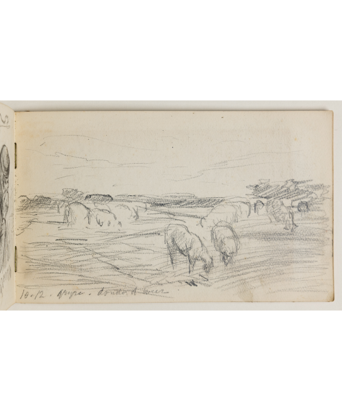 Afb. 11. Jacoba de Graaff, ‘Schets van een landschap met schapen’, 1908, potlood op papier, 140 x 230 mm, Museum Boijmans Van Beuningen, Rotterdam. Met de notitie, 'grijze donder of weer'